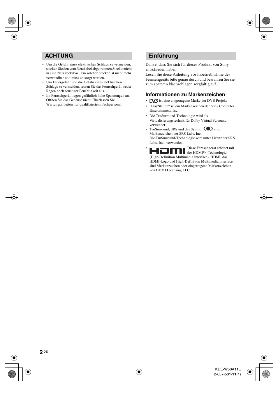 Achtung einführung, Informationen zu markenzeichen | Sony KDE-W50A11E User Manual | Page 96 / 194