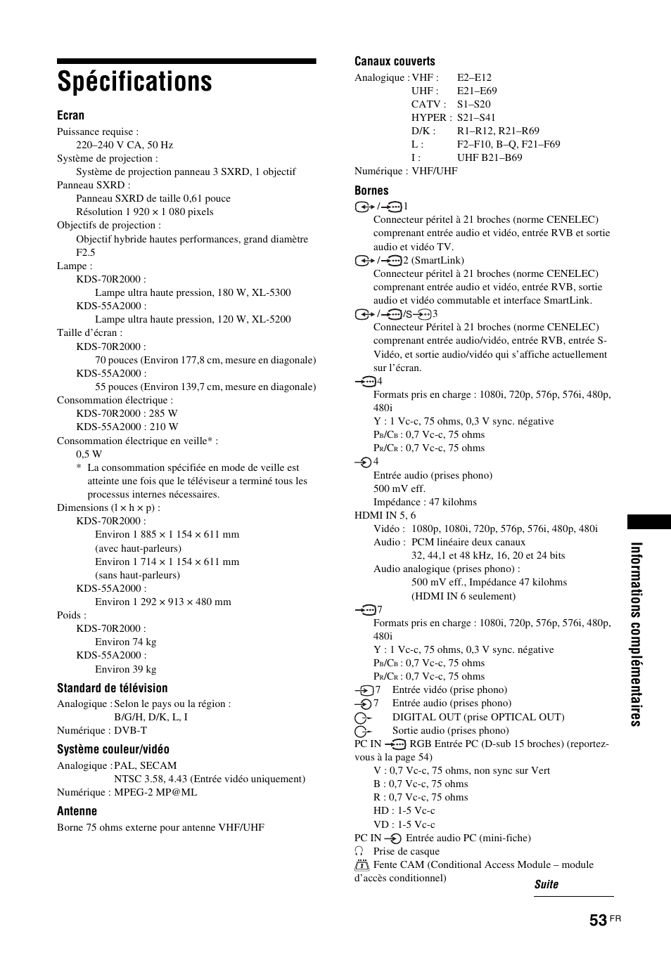 Spécifications | Sony KDS-70R2000 User Manual | Page 109 / 240