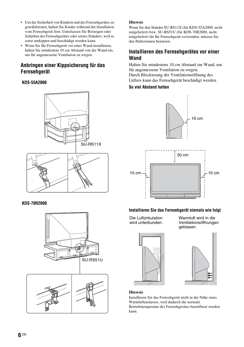 Anbringen einer kippsicherung für das fernsehgerät, Installieren des fernsehgerätes vor einer wand | Sony KDS-70R2000 User Manual | Page 120 / 240