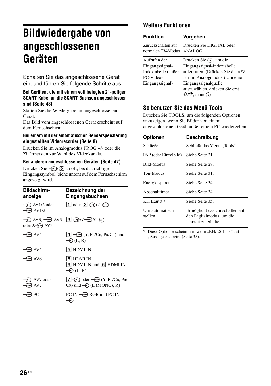 Bildwiedergabe von angeschlossenen geräten, S (seite 26), Seite 26) | Weitere funktionen so benutzen sie das menü tools | Sony KDS-70R2000 User Manual | Page 140 / 240