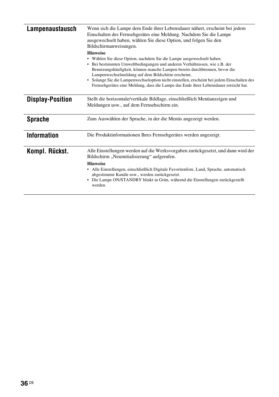 Lampenaustausch, Display-position, Sprache | Information, Kompl. rückst | Sony KDS-70R2000 User Manual | Page 150 / 240