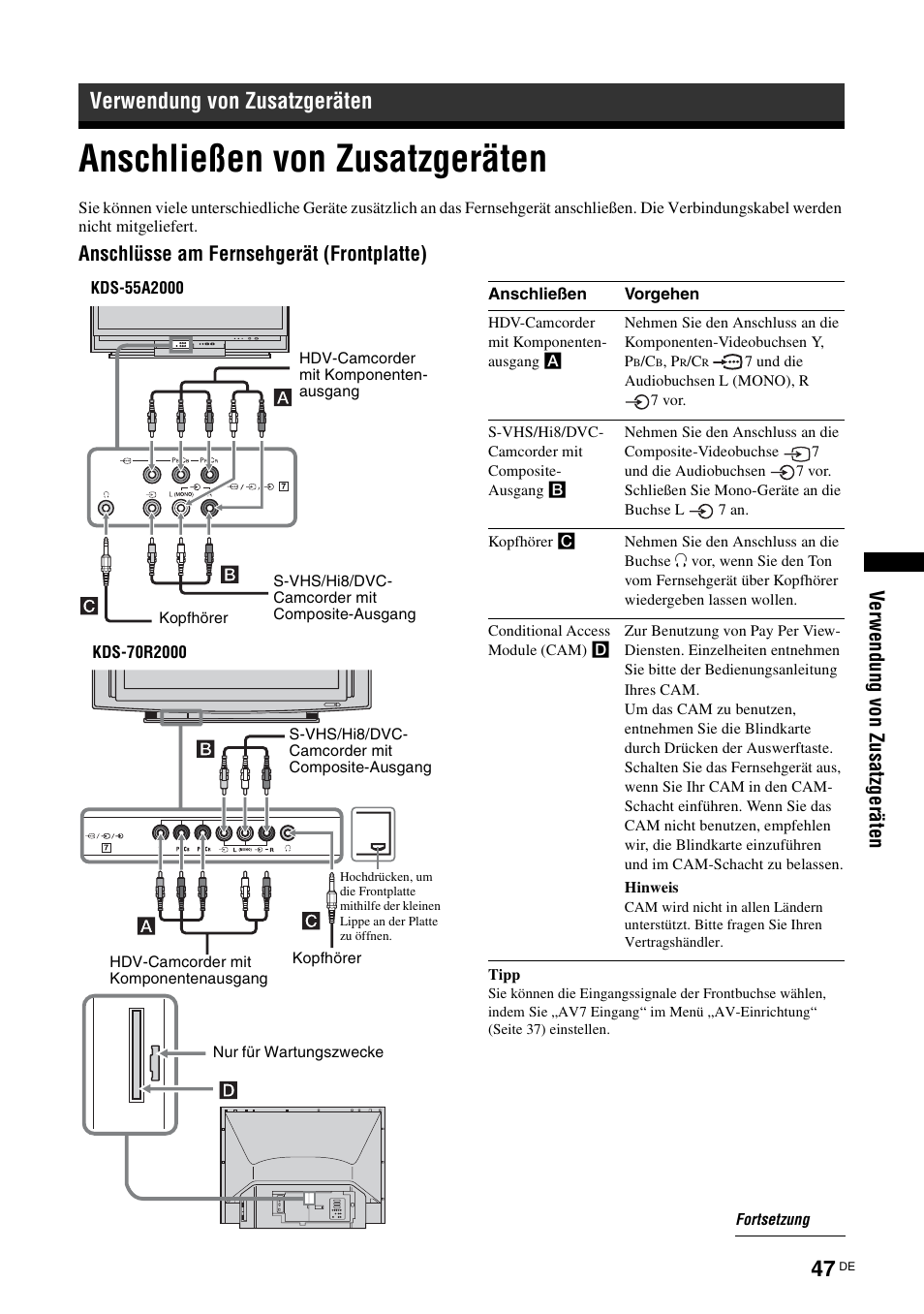 Verwendung von zusatzgeräten, Anschließen von zusatzgeräten, Seite 47) | En (seite 47) | Sony KDS-70R2000 User Manual | Page 161 / 240