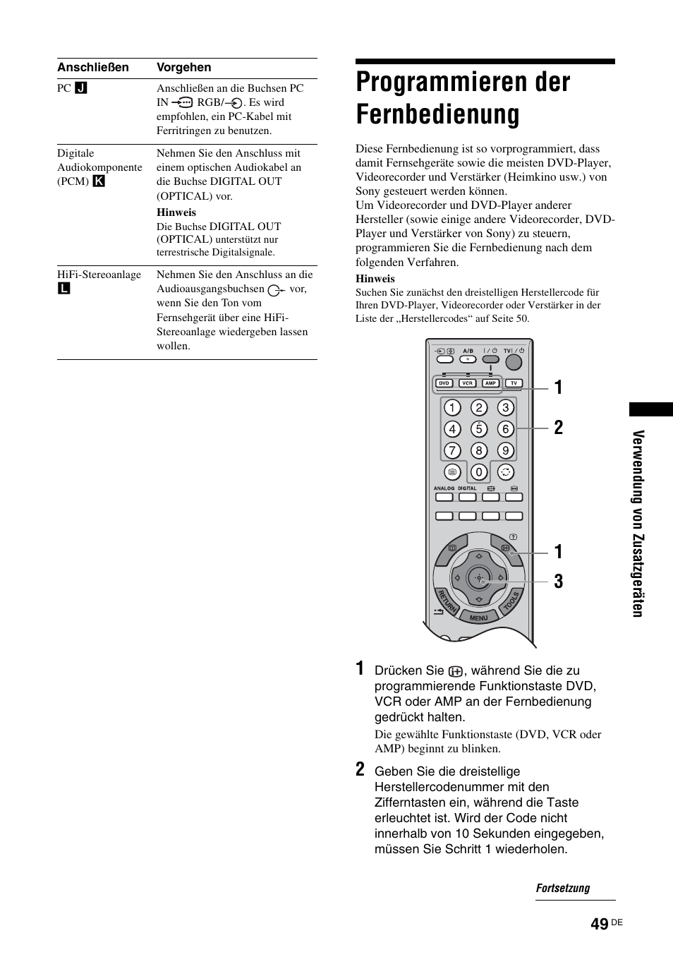 Programmieren der fernbedienung | Sony KDS-70R2000 User Manual | Page 163 / 240