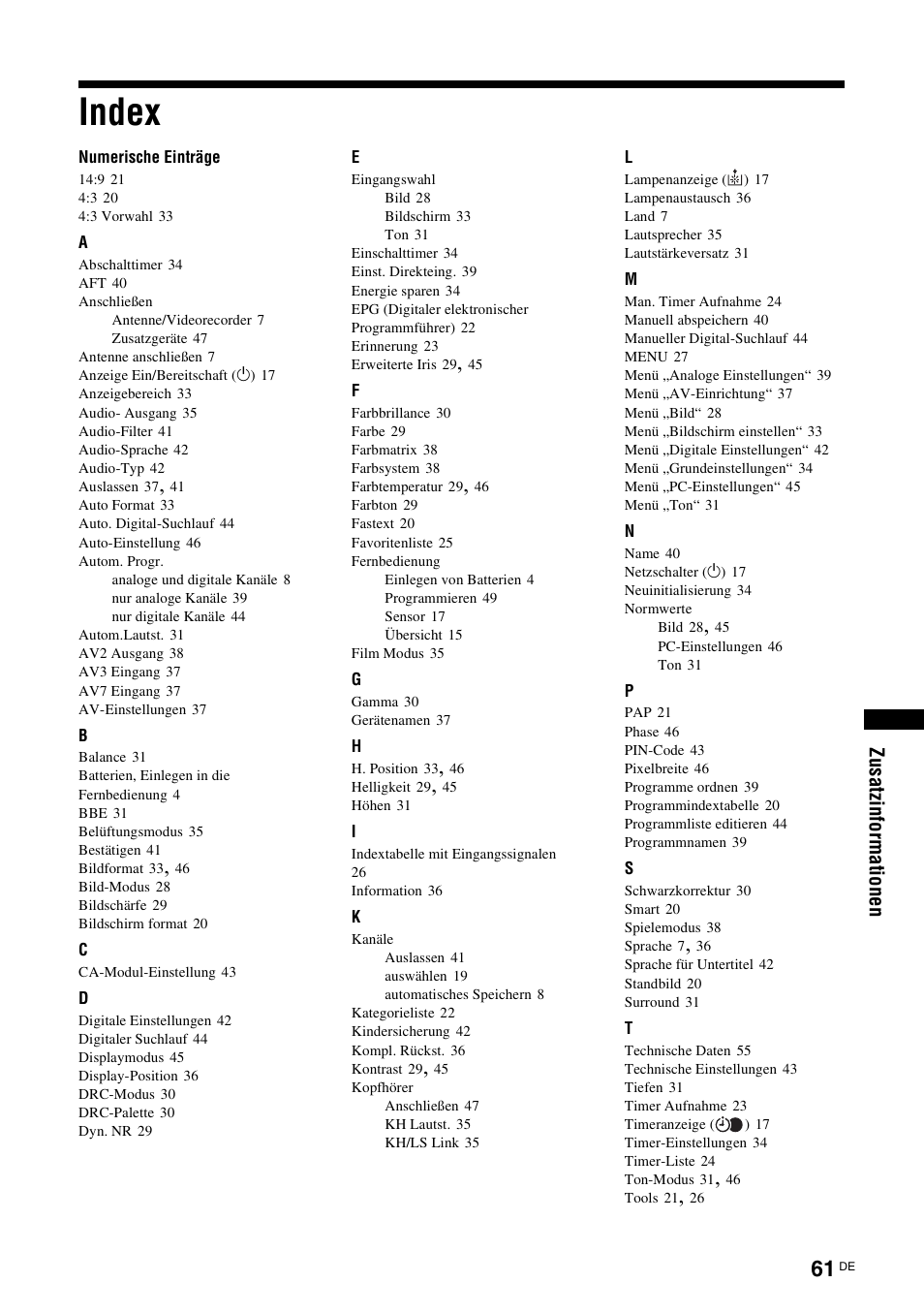 Index | Sony KDS-70R2000 User Manual | Page 175 / 240