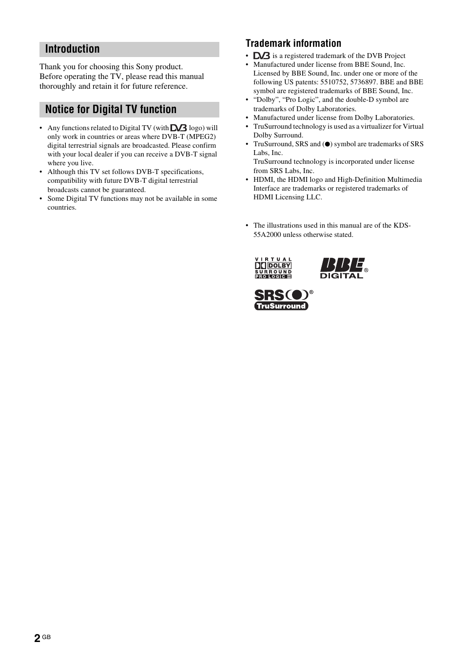 Introduction notice for digital tv function, Trademark information | Sony KDS-70R2000 User Manual | Page 2 / 240
