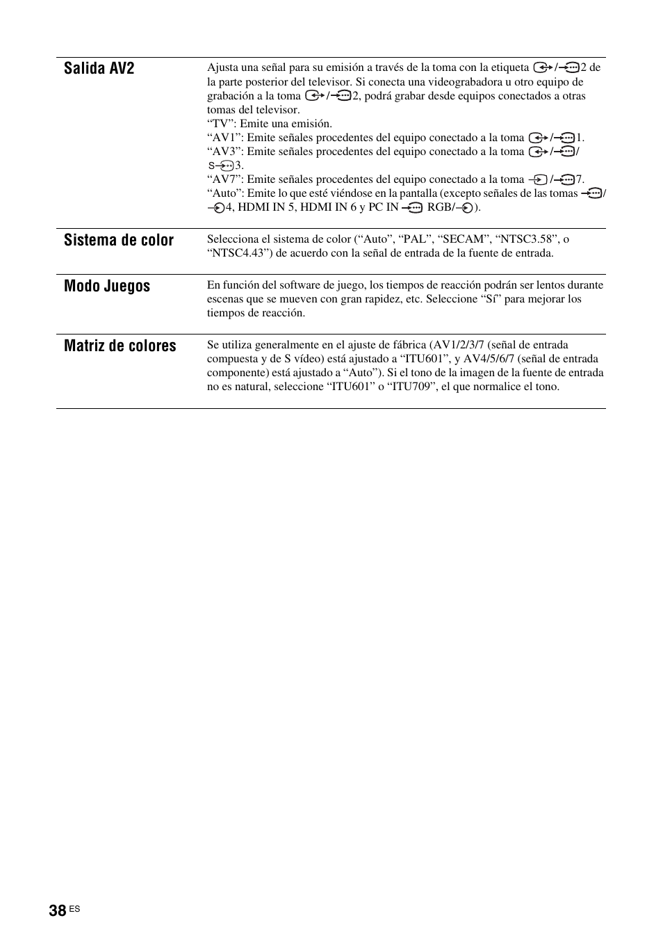 Salida av2, Sistema de color, Modo juegos | Matriz de colores | Sony KDS-70R2000 User Manual | Page 214 / 240