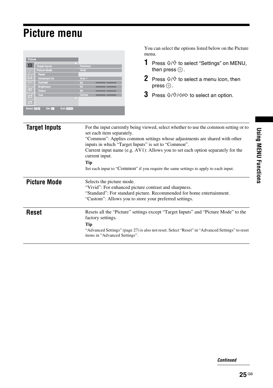 Picture menu, Target inputs, Picture mode | Reset, Usi ng menu f unct io n s | Sony KDS-70R2000 User Manual | Page 25 / 240
