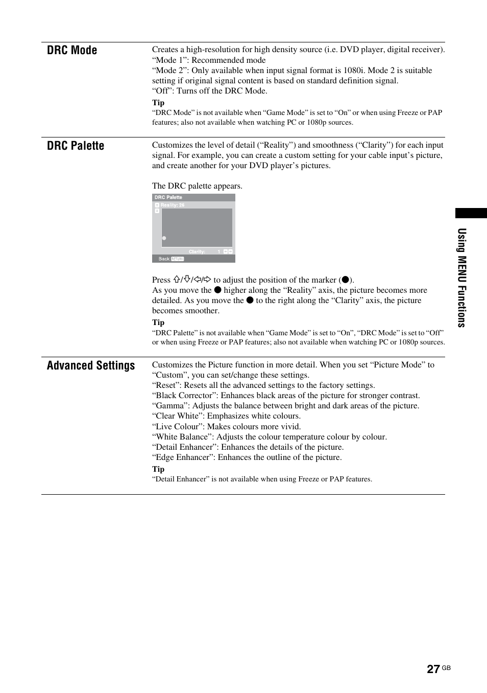 Drc mode, Drc palette, Advanced settings | Sony KDS-70R2000 User Manual | Page 27 / 240