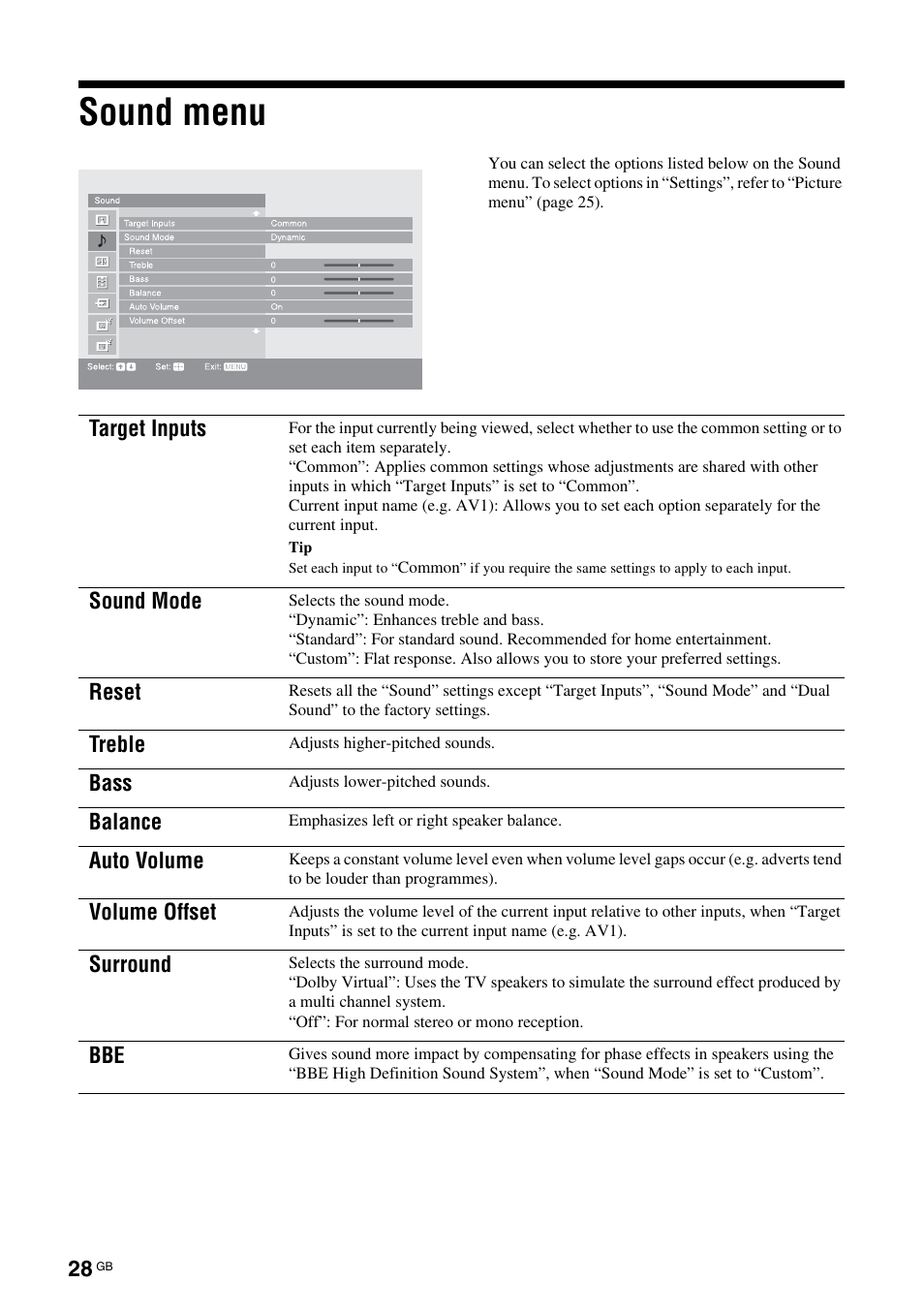 Sound menu | Sony KDS-70R2000 User Manual | Page 28 / 240