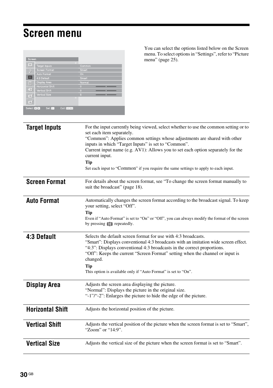 Screen menu | Sony KDS-70R2000 User Manual | Page 30 / 240