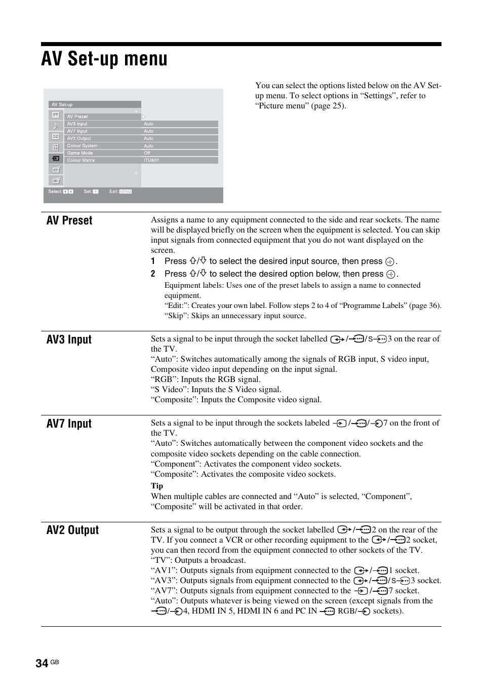 Av set-up menu, Av preset, Av3 input | Av7 input, Av2 output | Sony KDS-70R2000 User Manual | Page 34 / 240