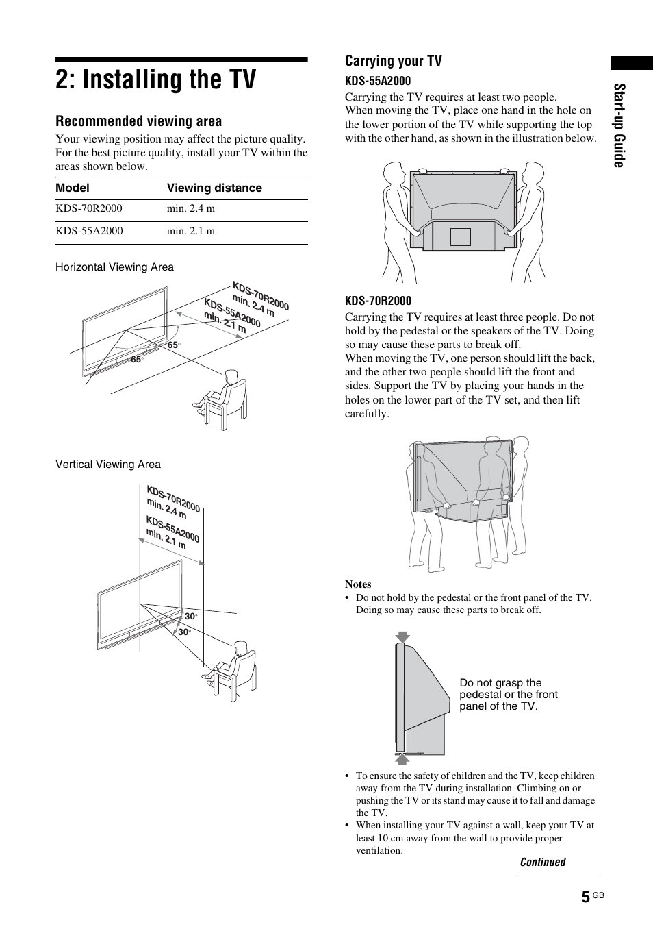 Installing the tv, St art -u p gui d e, Recommended viewing area | Carrying your tv | Sony KDS-70R2000 User Manual | Page 5 / 240
