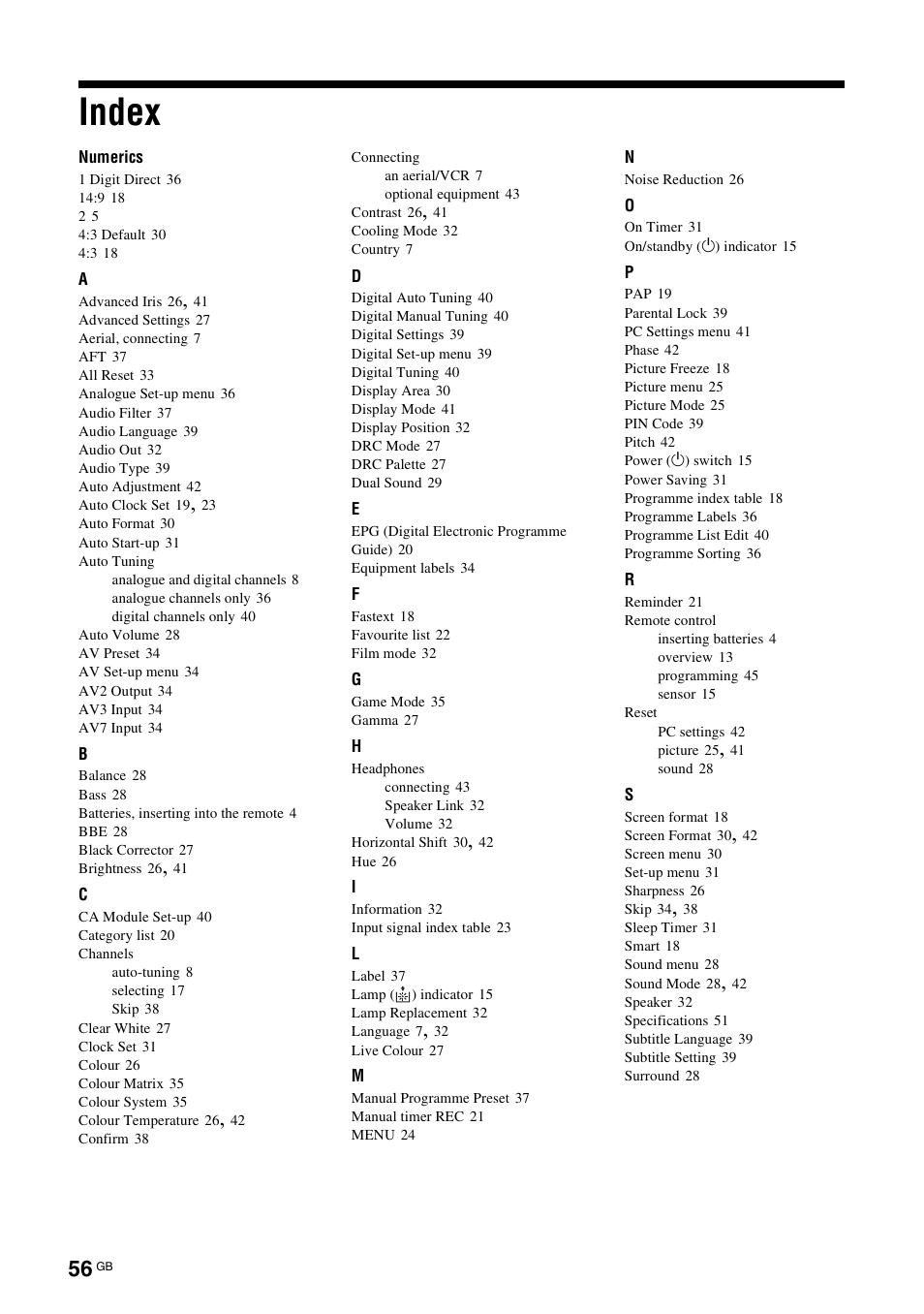 Index | Sony KDS-70R2000 User Manual | Page 56 / 240