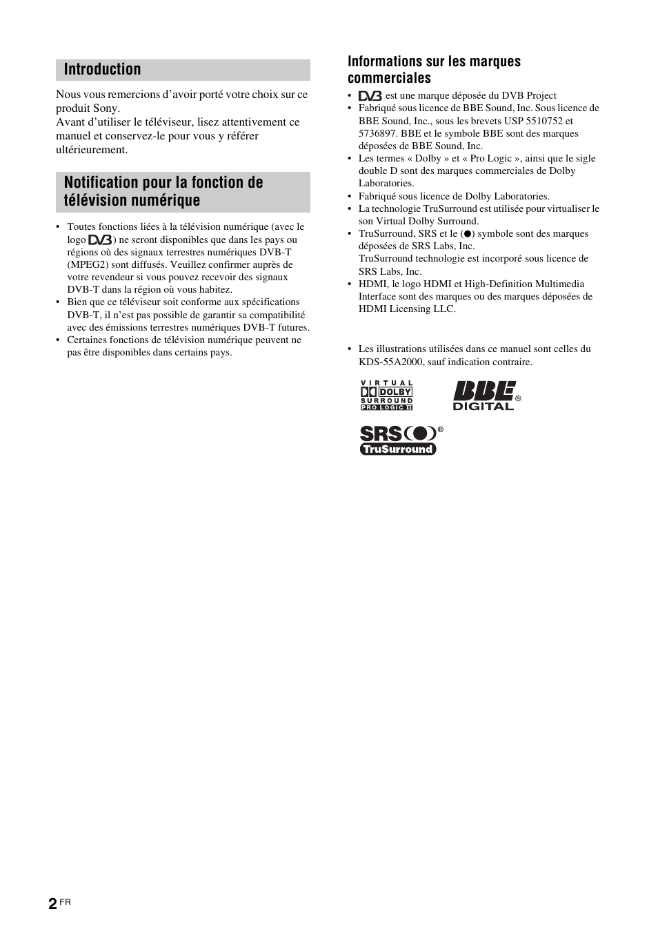 Informations sur les marques commerciales | Sony KDS-70R2000 User Manual | Page 58 / 240