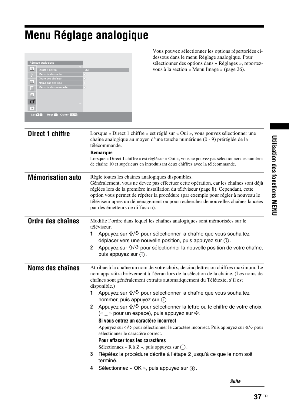 Menu réglage analogique, Direct 1 chiffre, Mémorisation auto | Ordre des chaînes, Noms des chaînes | Sony KDS-70R2000 User Manual | Page 93 / 240