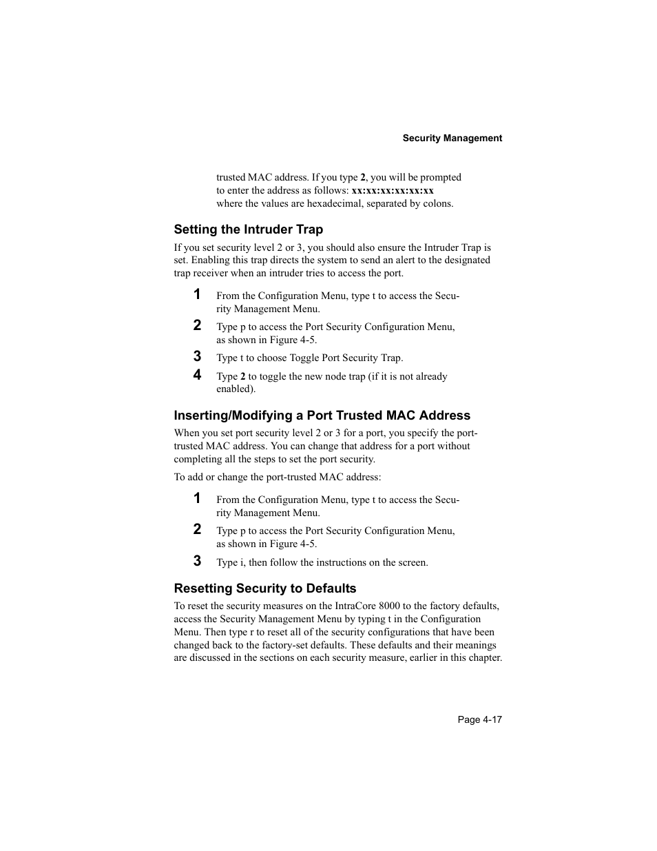 Setting the intruder trap, Inserting/modifying a port trusted mac address, Resetting security to defaults | Asante Technologies 8000 User Manual | Page 107 / 168