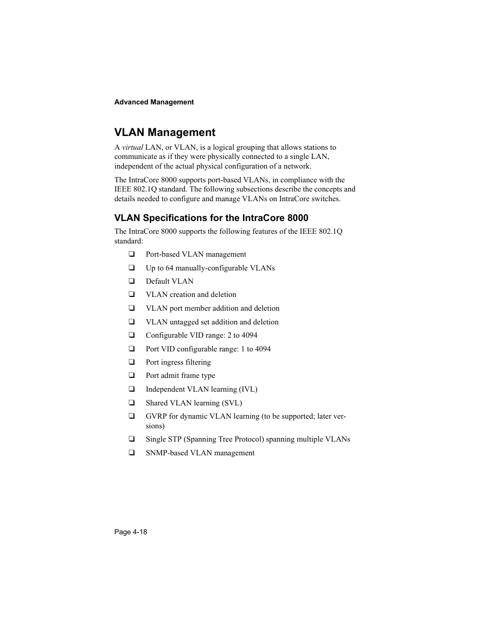 Vlan management, Vlan specifications for the intracore 8000 | Asante Technologies 8000 User Manual | Page 108 / 168