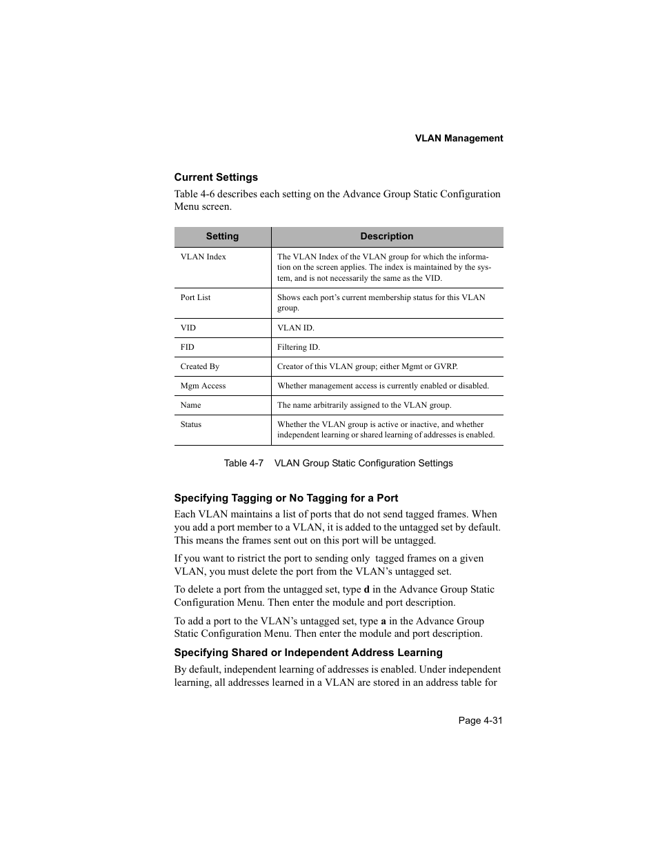 Ee “specifying tagging or no tagging for a port”) | Asante Technologies 8000 User Manual | Page 121 / 168