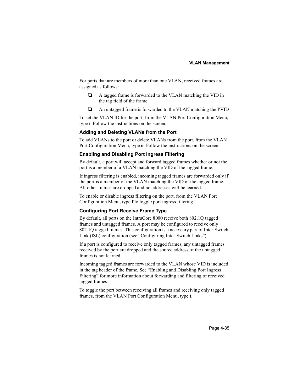 Ee “configuring port receive frame type.”), Ee “enabling and disabling port ingress filtering | Asante Technologies 8000 User Manual | Page 125 / 168