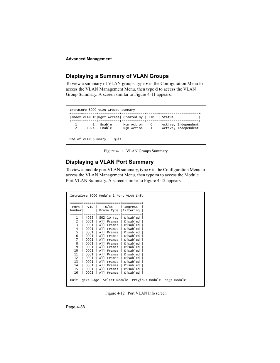 Displaying a summary of vlan groups, Displaying a vlan port summary | Asante Technologies 8000 User Manual | Page 128 / 168