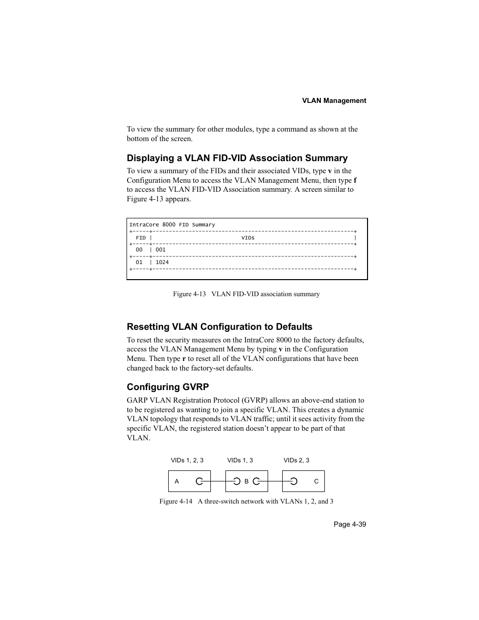 Displaying a vlan fid-vid association summary, Resetting vlan configuration to defaults, Configuring gvrp | Asante Technologies 8000 User Manual | Page 129 / 168