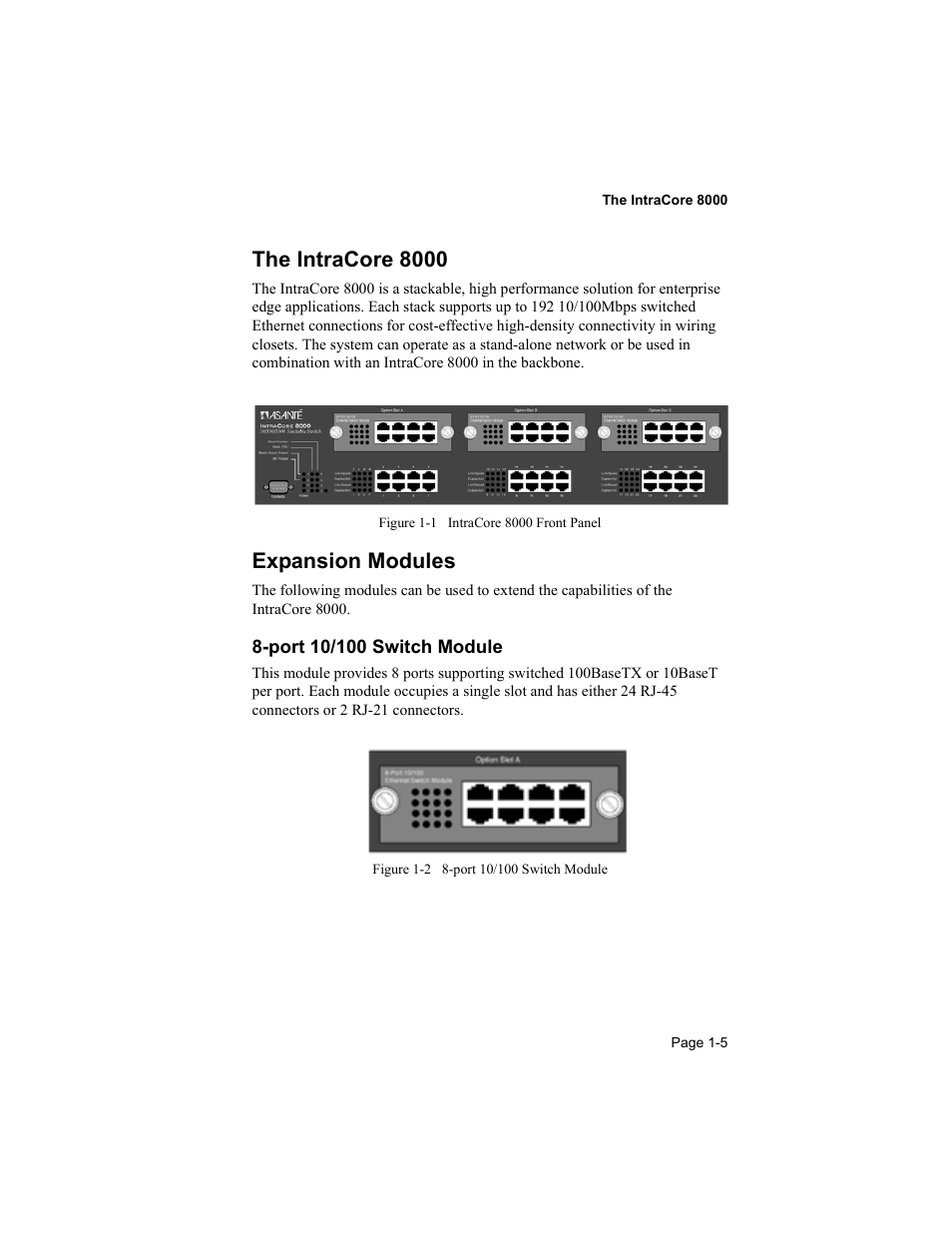 The intracore 8000, Expansion modules, Port 10/100 switch module | Asante Technologies 8000 User Manual | Page 13 / 168