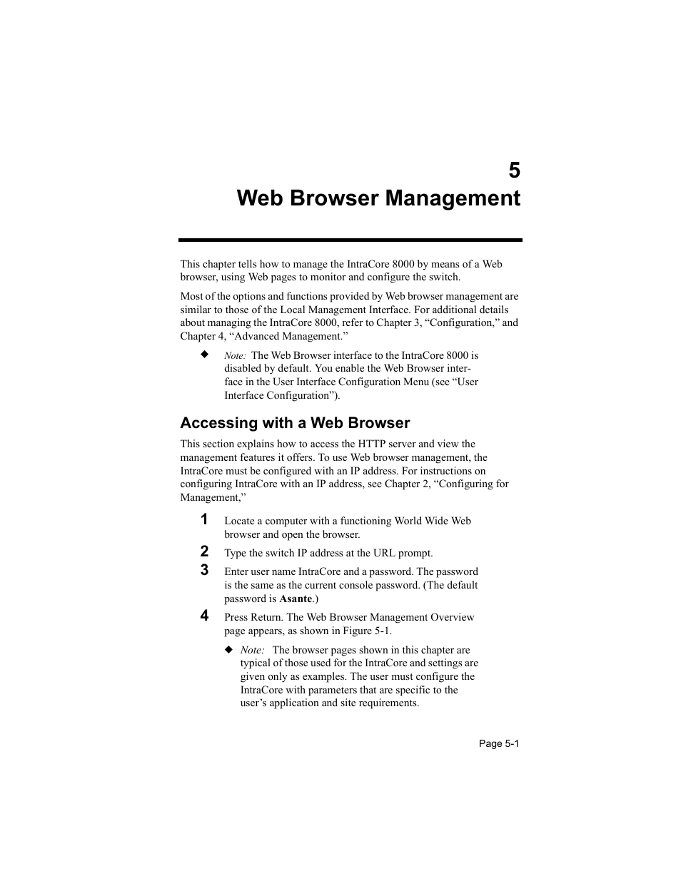 5 web browser management, Accessing with a web browser, 5web browser management | Asante Technologies 8000 User Manual | Page 141 / 168