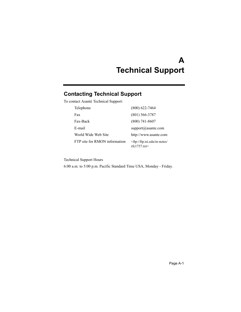 A technical support, Contacting technical support, Atechnical support | Asante Technologies 8000 User Manual | Page 161 / 168