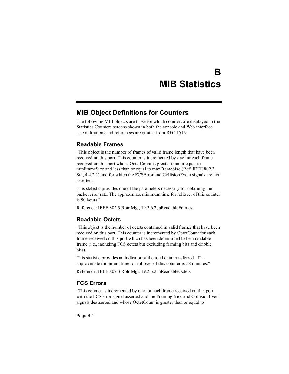 B mib statistics, Mib object definitions for counters, Readable frames | Readable octets, Fcs errors, Bmib statistics | Asante Technologies 8000 User Manual | Page 163 / 168