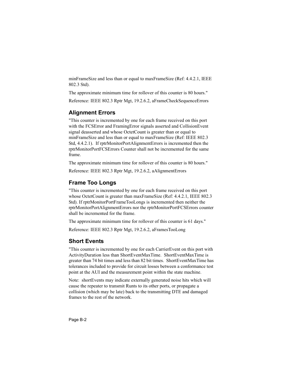 Alignment errors, Frame too longs, Short events | Asante Technologies 8000 User Manual | Page 164 / 168