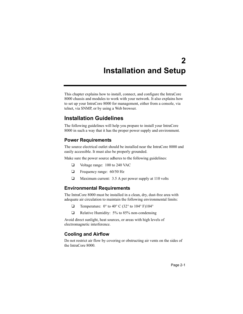 2 installation and setup, Installation guidelines, Power requirements | Environmental requirements, Cooling and airflow, 2installation and setup | Asante Technologies 8000 User Manual | Page 19 / 168