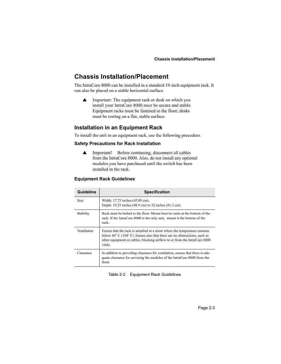 Chassis installation/placement, Installation in an equipment rack | Asante Technologies 8000 User Manual | Page 21 / 168