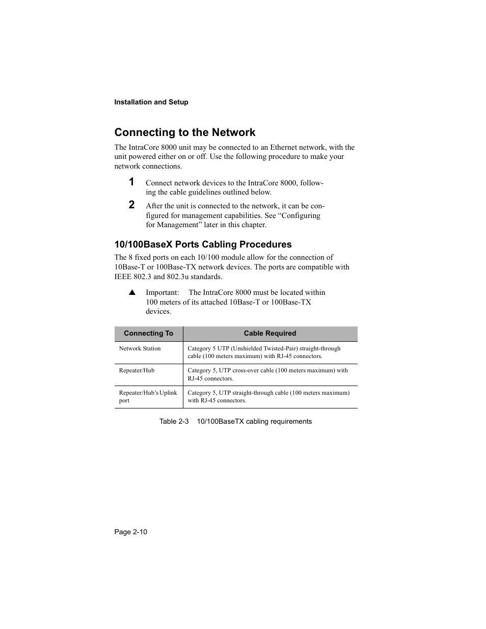 Connecting to the network, 10/100basex ports cabling procedures | Asante Technologies 8000 User Manual | Page 28 / 168