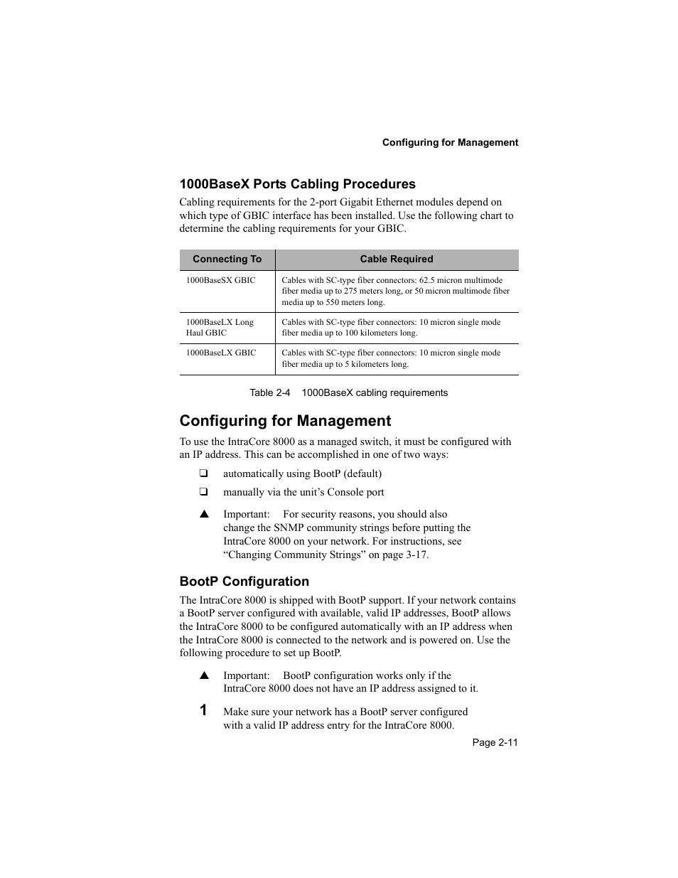 1000basex ports cabling procedures, Configuring for management, Bootp configuration | Asante Technologies 8000 User Manual | Page 29 / 168