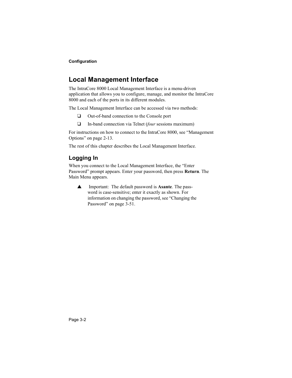 Local management interface, Logging in | Asante Technologies 8000 User Manual | Page 36 / 168