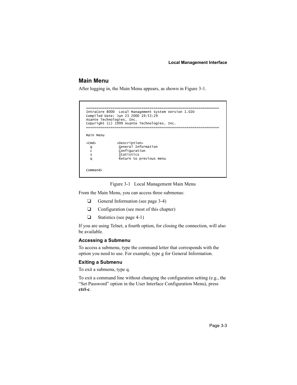 Main menu | Asante Technologies 8000 User Manual | Page 37 / 168