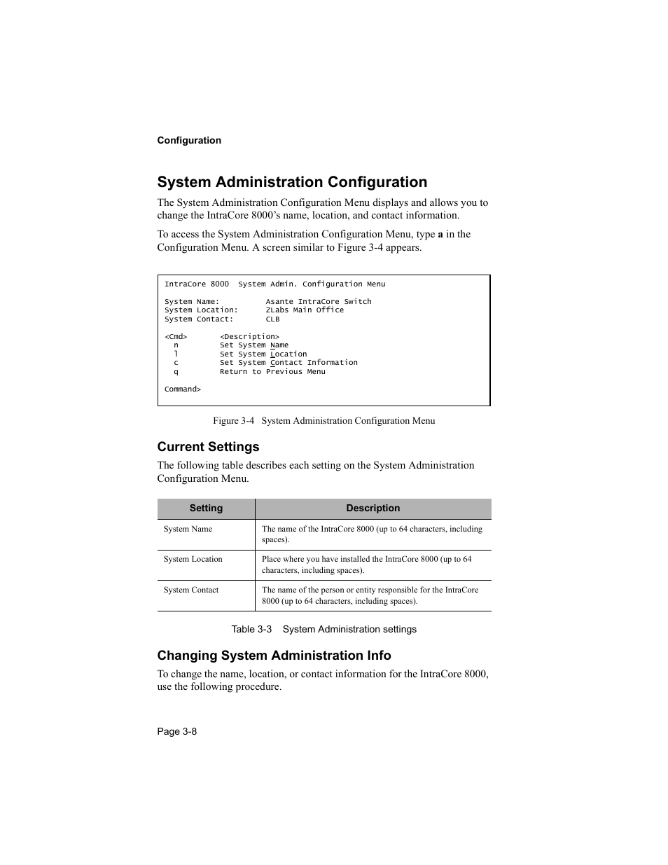 System administration configuration, Current settings, Changing system administration info | Asante Technologies 8000 User Manual | Page 42 / 168