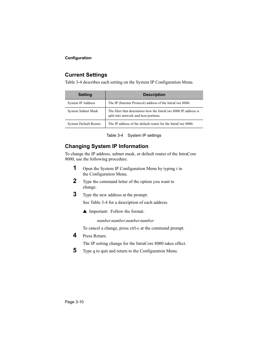 Current settings, Changing system ip information | Asante Technologies 8000 User Manual | Page 44 / 168