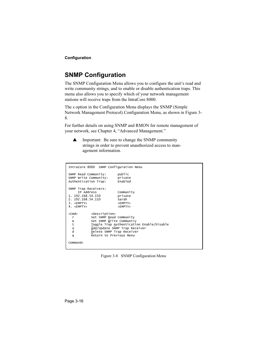 Snmp configuration | Asante Technologies 8000 User Manual | Page 50 / 168