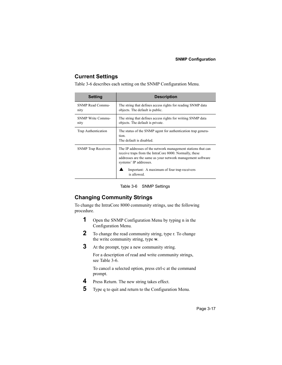 Current settings, Changing community strings | Asante Technologies 8000 User Manual | Page 51 / 168