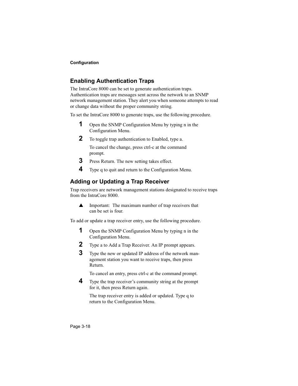 Enabling authentication traps, Adding or updating a trap receiver | Asante Technologies 8000 User Manual | Page 52 / 168