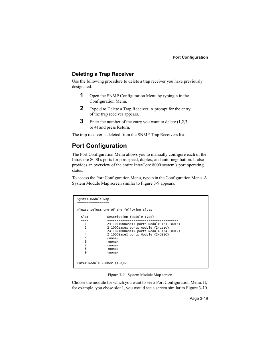 Deleting a trap receiver, Port configuration | Asante Technologies 8000 User Manual | Page 53 / 168