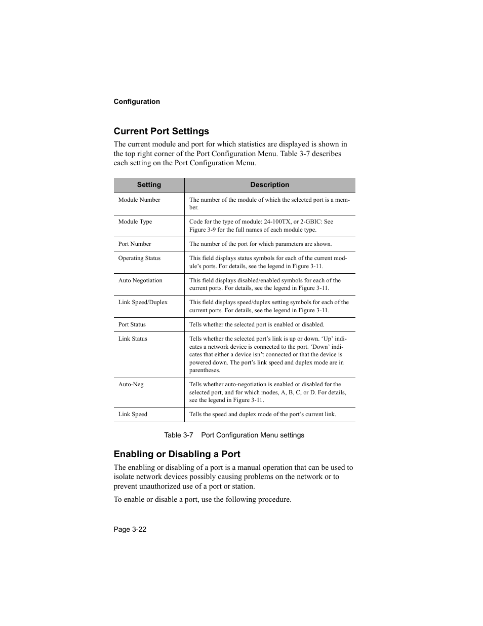 Current port settings, Enabling or disabling a port | Asante Technologies 8000 User Manual | Page 56 / 168