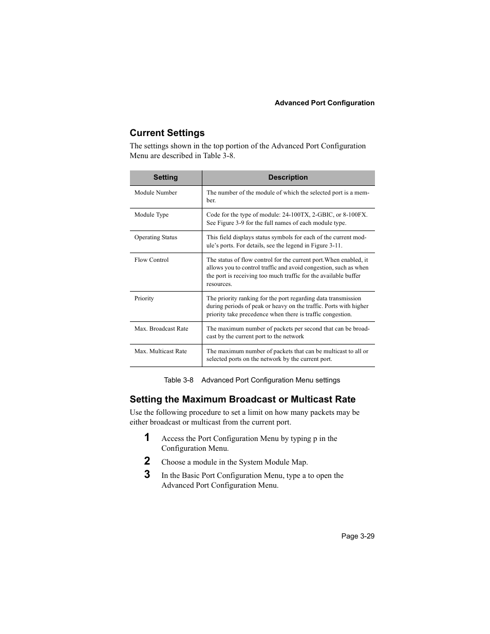 Current settings, Setting the maximum broadcast or multicast rate | Asante Technologies 8000 User Manual | Page 63 / 168