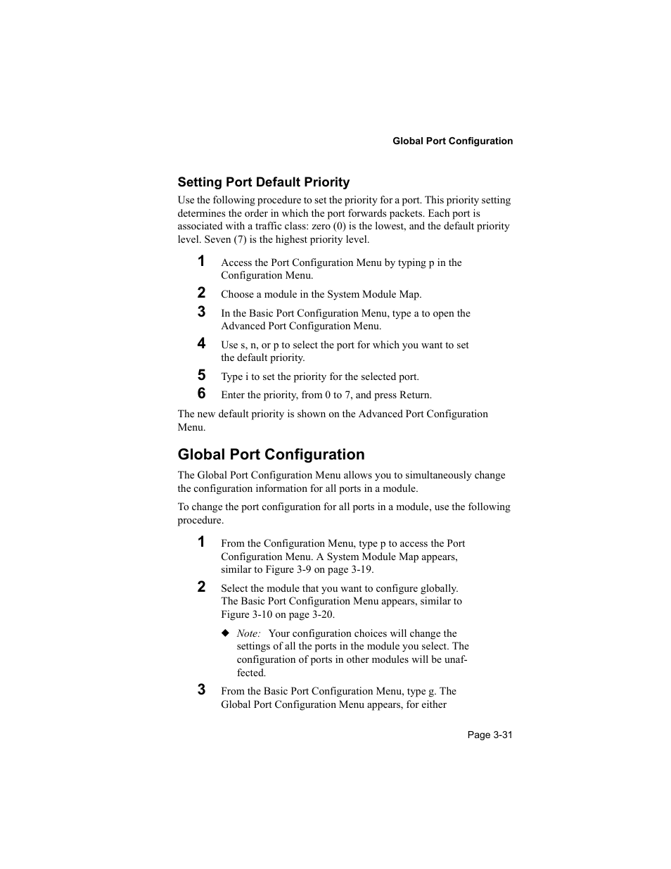 Setting port default priority, Global port configuration | Asante Technologies 8000 User Manual | Page 65 / 168