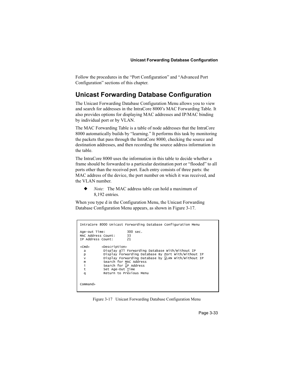 Unicast forwarding database configuration | Asante Technologies 8000 User Manual | Page 67 / 168