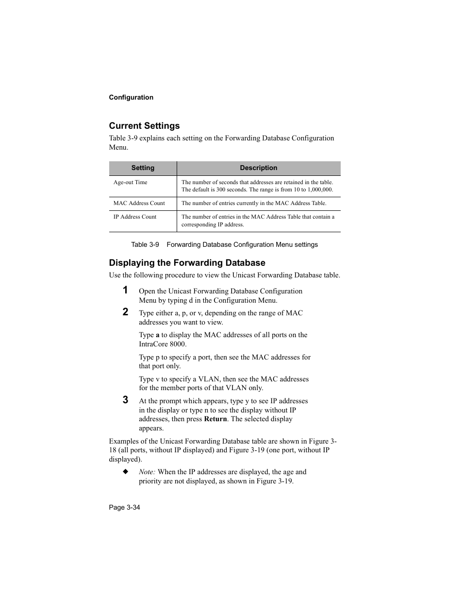 Current settings, Displaying the forwarding database | Asante Technologies 8000 User Manual | Page 68 / 168