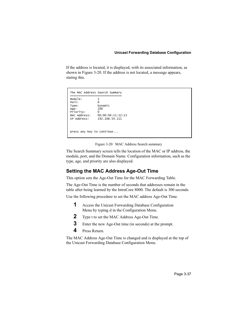 Setting the mac address age-out time | Asante Technologies 8000 User Manual | Page 71 / 168