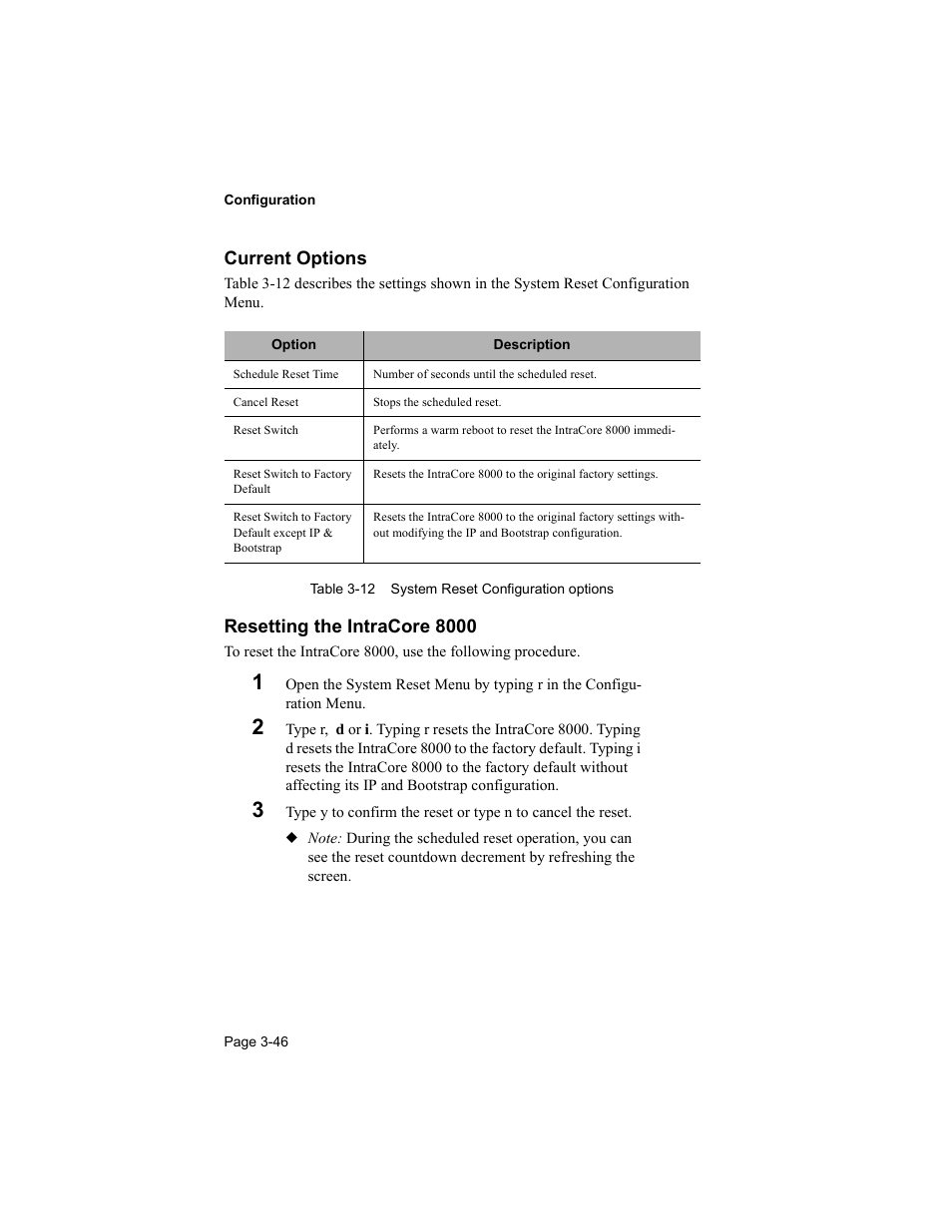 Current options, Resetting the intracore 8000 | Asante Technologies 8000 User Manual | Page 80 / 168