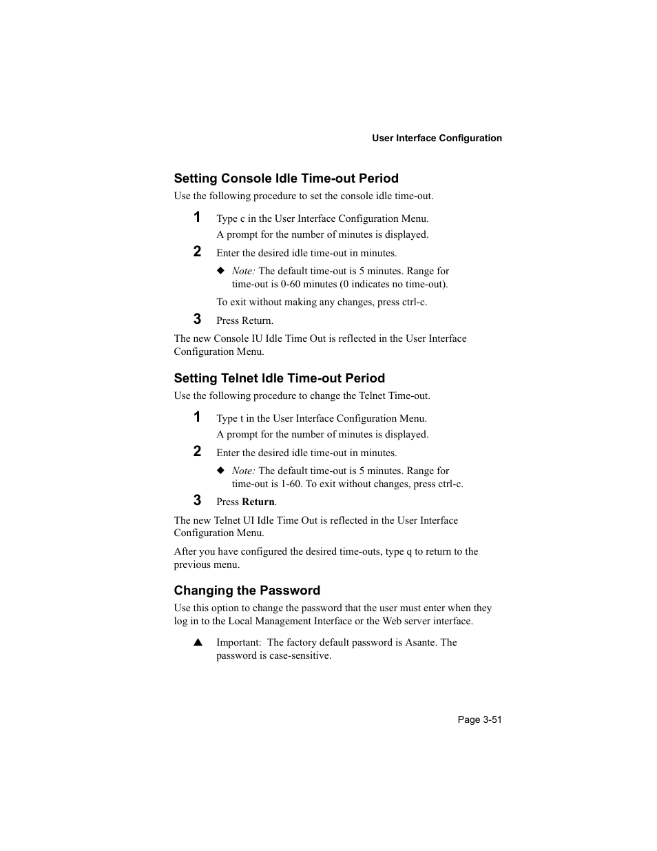 Setting console idle time-out period, Setting telnet idle time-out period, Changing the password | Asante Technologies 8000 User Manual | Page 85 / 168